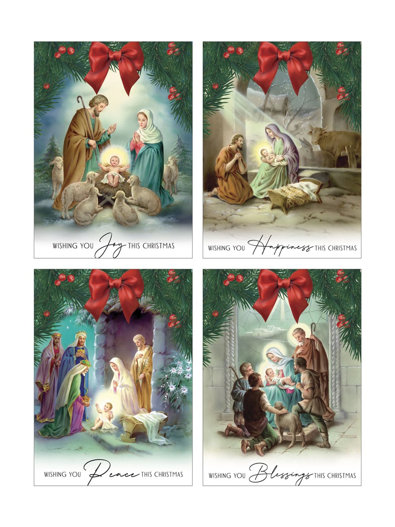 8 pack Christmas Cards - Traditional Nativity with Decorations.