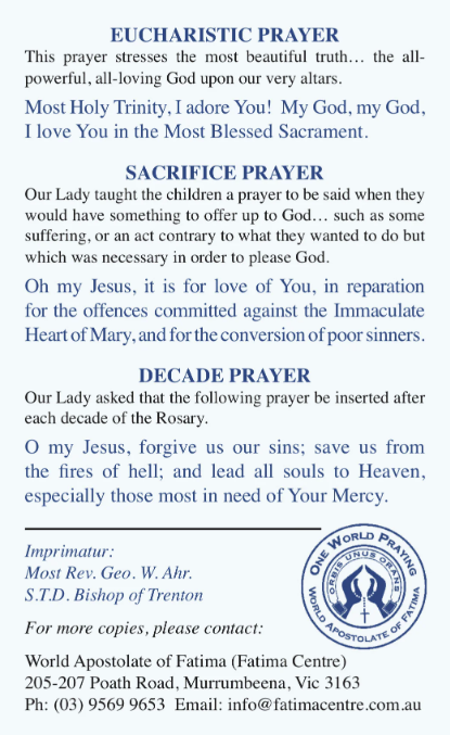 Fatima Prayers Card