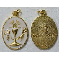 Gold & White Enamelled First Communion Medal, 21mm x 28 mm