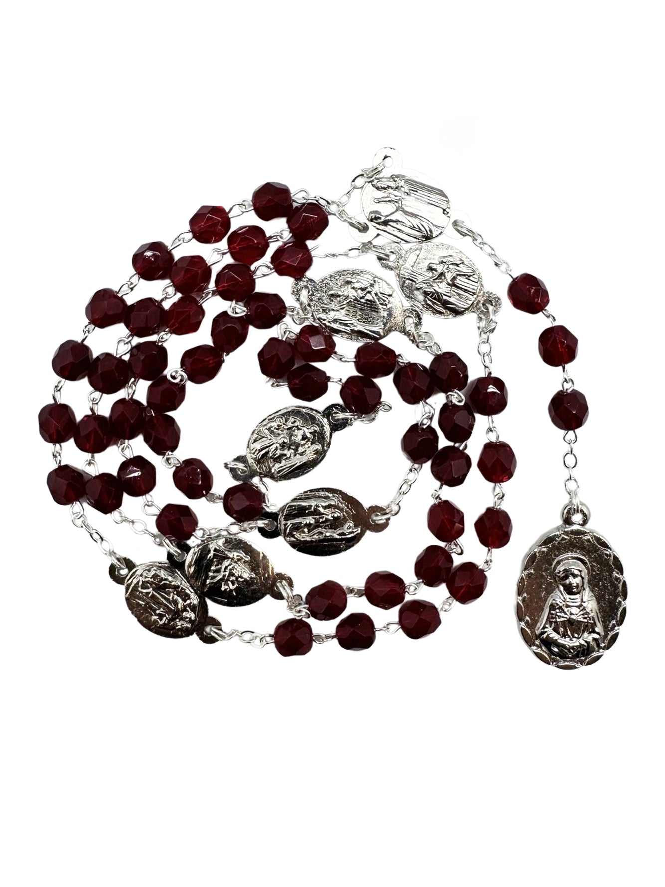7 Sorrows Red Rosary Chaplet 6mm Beads - Boxed