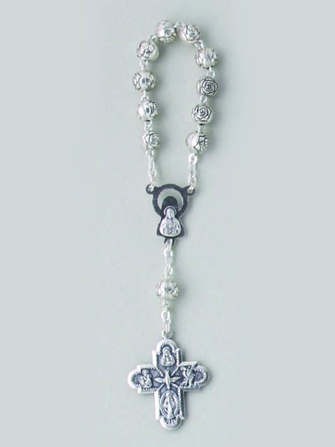 Single Decade Pocket Rosary - Silver Coloured Metal - Rose Shaped Beads