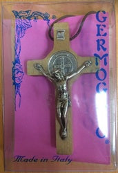 St Benedict Crucifix on Nylon Cord - Light Wood & Metal - 8 x 4.5 cm