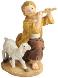 Nativity Shepherd with Flute and Lamb Resin Figurine - 9cm