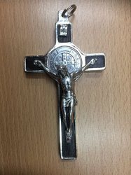 St Benedict Crucifix - Metal & Dark Wood Inlay - 8 x 4.5cm