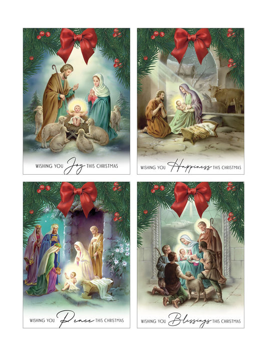 8 pack Christmas Cards - Traditional Nativity with Decorations.