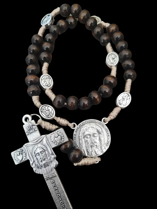 Wood Holy Face Chaplet - beige cord