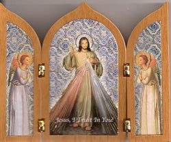 Divine Mercy Tri-fold Plaque Wood-look Plastic - 6 x 10cm