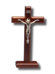 Standing Crucifix - Metal Corpus on Beechwood - 24 x 12.5cm