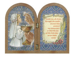 First Communion Girl, Bi-fold wood-look plaque.