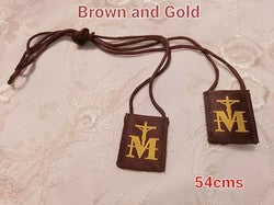 Brown Scapular. USA made. Unbreakable! Gold Crucifix and Marian symbol.